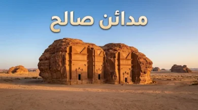 صورة غلاف تُظهر واجهات مدائن صالح المنحوتة في الحجر الرملي بشمال غرب السعودية