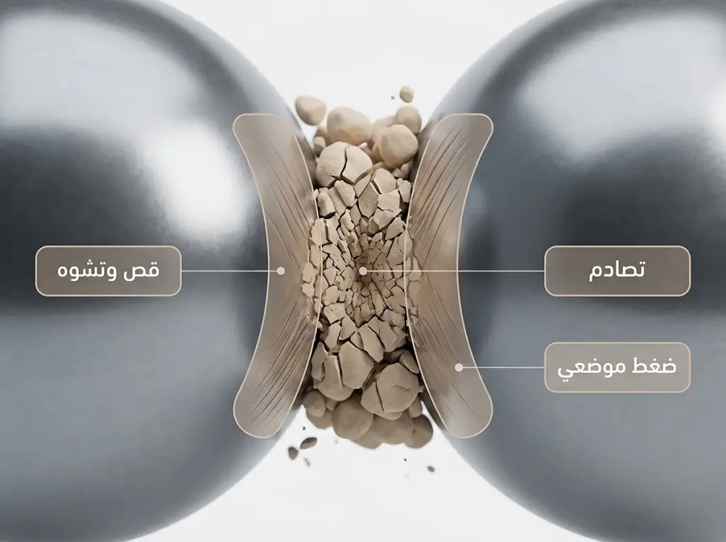 رسم علمي يوضح آلية التصادم والضغط والقص بين كرات الطحن والمسحوق