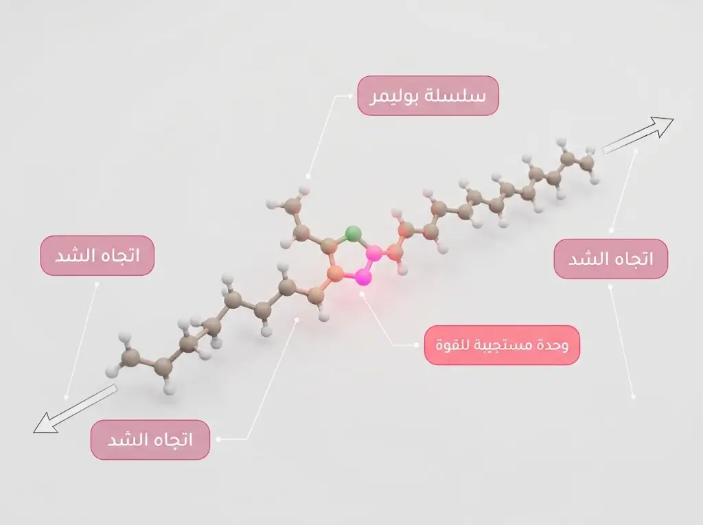 رسم جزيئي يوضح انفتاح وحدة مستجيبة للقوة داخل سلسلة بوليمر تحت الشد