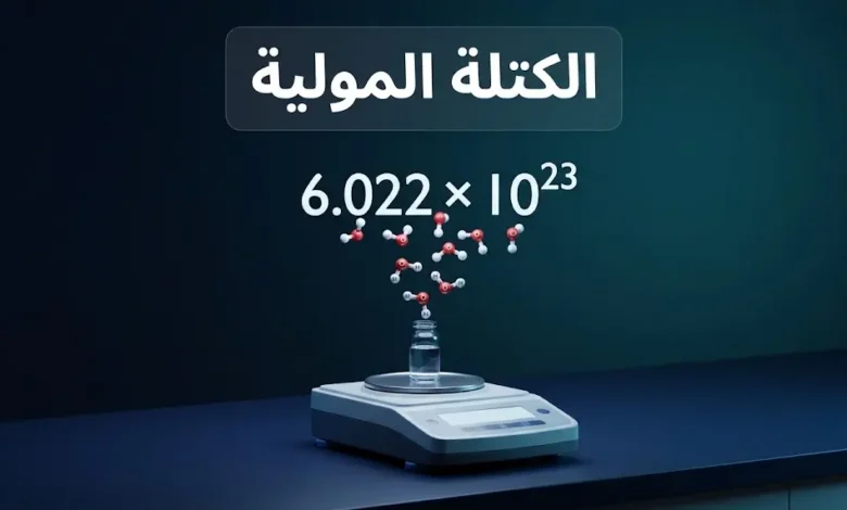 صورة غلاف مقالة الكتلة المولية تُظهر ميزان تحليلي وجزيئات ماء ثلاثية الأبعاد