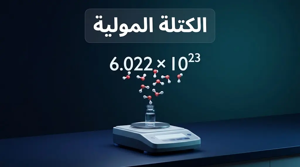 صورة غلاف مقالة الكتلة المولية تُظهر ميزان تحليلي وجزيئات ماء ثلاثية الأبعاد
