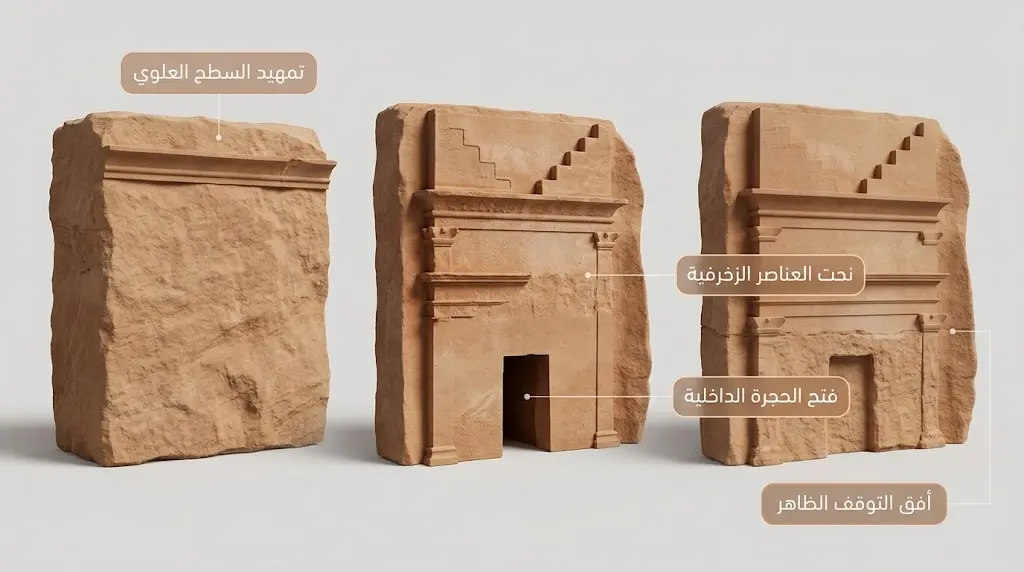 رسم توضيحي لمراحل نحت الواجهة النبطية من الأعلى إلى الأسفل