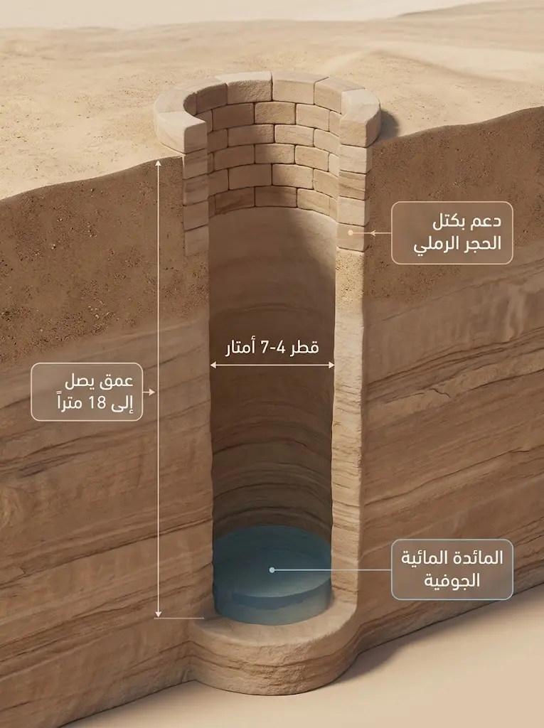 مقطع توضيحي لبئر نبطي محفور في الصخر يبين عمقه وقطره ومستوى الماء الجوفي