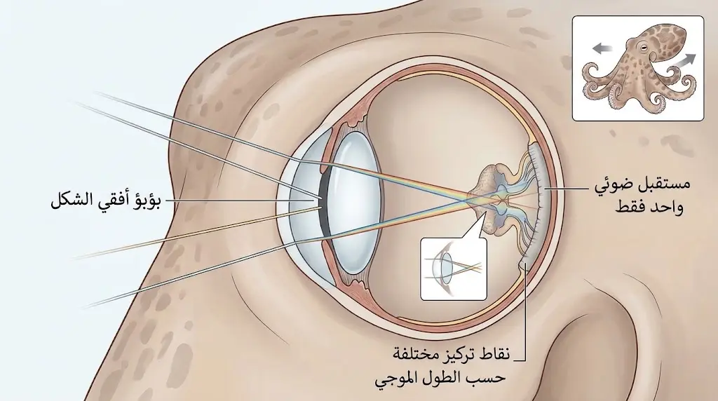 رسم تشريحي يوضح فرضية الزيغ اللوني للعدسة وشكل البؤبؤ الأفقي الذي يفسّر كيف يميّز الأخطبوط الألوان رغم امتلاكه مستقبلًا ضوئيًا واحدًا