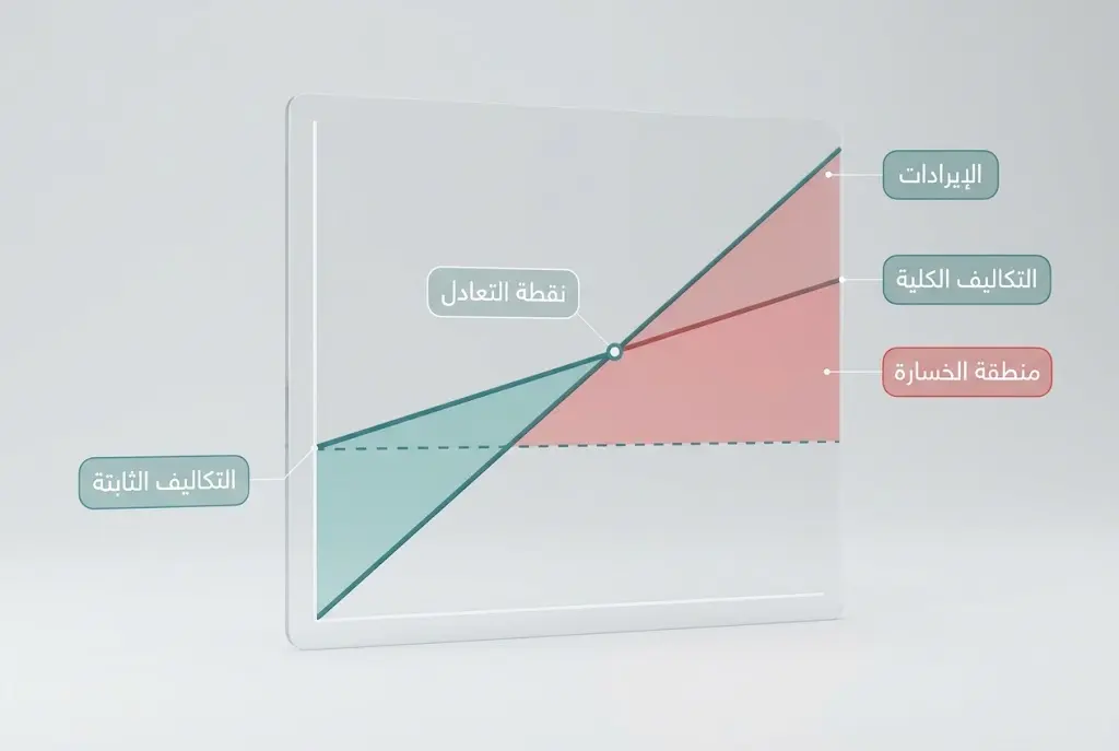 رسم ثلاثي الأبعاد لمنحنى نقطة التعادل يوضح خطي الإيرادات والتكاليف الكلية ومنطقة الخسارة