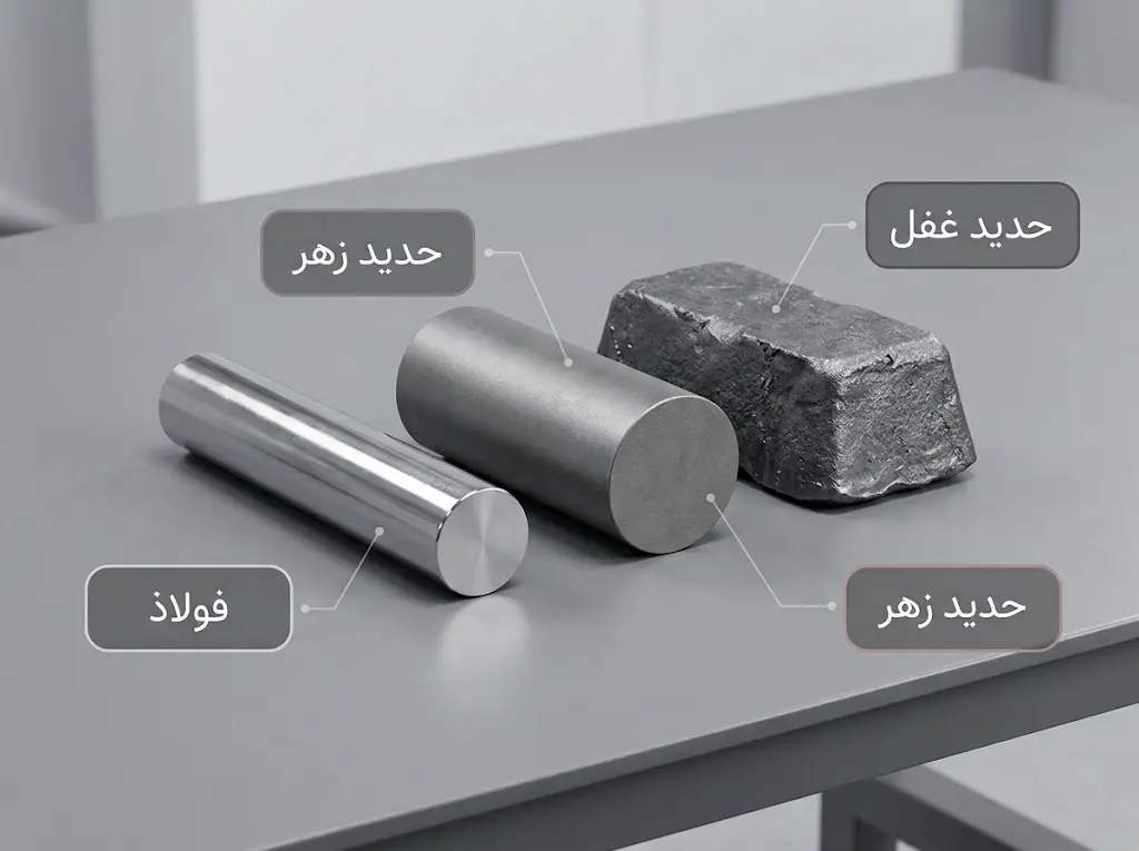مقارنة بصرية بين الحديد الغفل والحديد الزهر والفولاذ