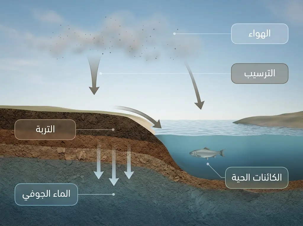 مخطط انتقال الملوثات بين الهواء والتربة والماء الجوفي والكائنات الحية