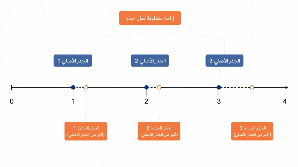 مخطط خطي يوضح تفاوت إزاحة جذور كثيرة الحدود الثلاثة بعد اضطراب طفيف في معامل واحد