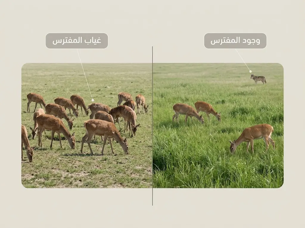 مقارنة بين مرج فيه مفترس ومرج خالٍ منه توضح أثر تغير أعداد العواشب في النبات