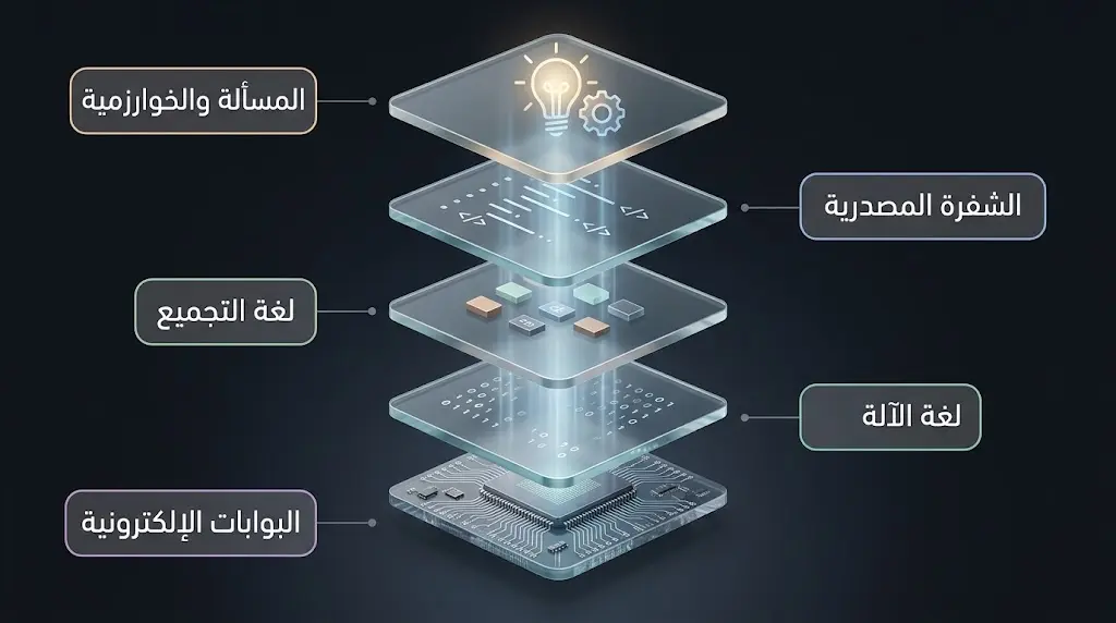 رسم علمي يوضح طبقات التجريد من فكرة المسألة إلى البوابات الإلكترونية داخل المعالج