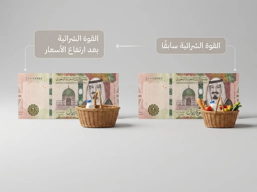 صورة توضح تآكل القوة الشرائية للنقد مع ارتفاع مستوى الأسعار