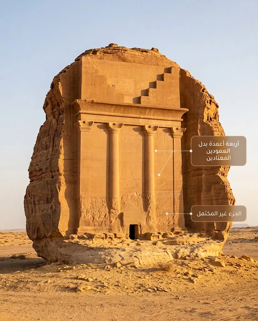 صورة لقصر الفريد توضح واجهته ذات الأربعة أعمدة وجزءها السفلي غير المكتمل