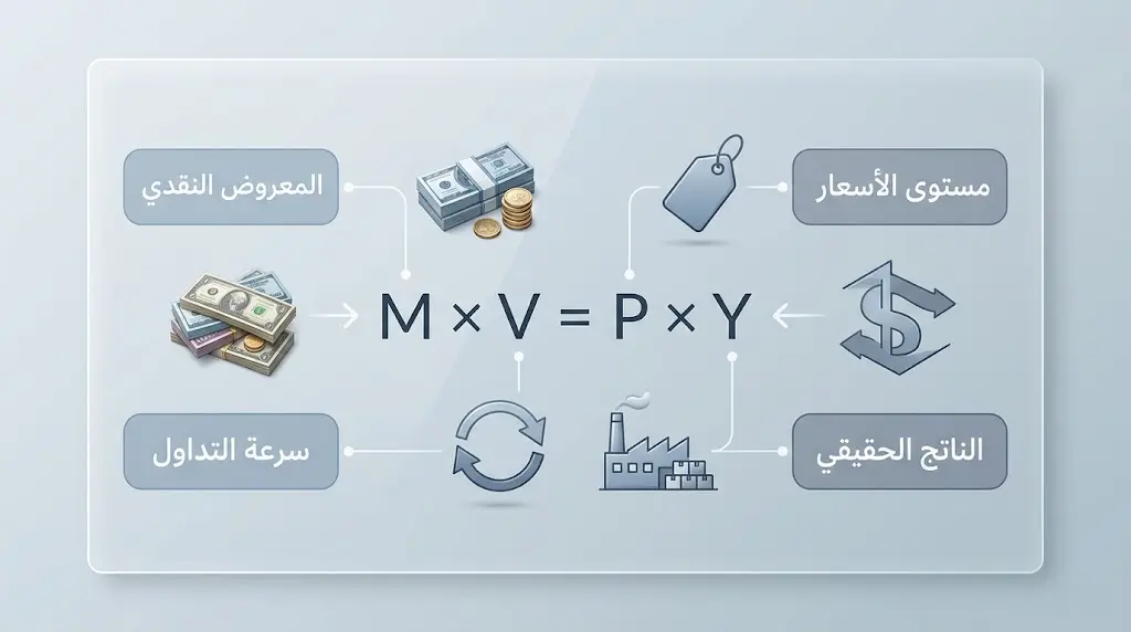 رسم توضيحي لمعادلة النظرية الكمية للنقود وعناصرها الأربعة