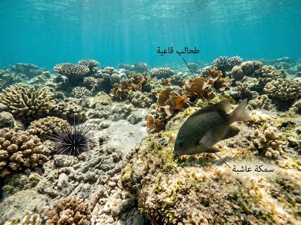 سمكة عاشبة وقنفذ بحر يرعيان الطحالب القاعية على مسطح شعابي في البحر الأحمر