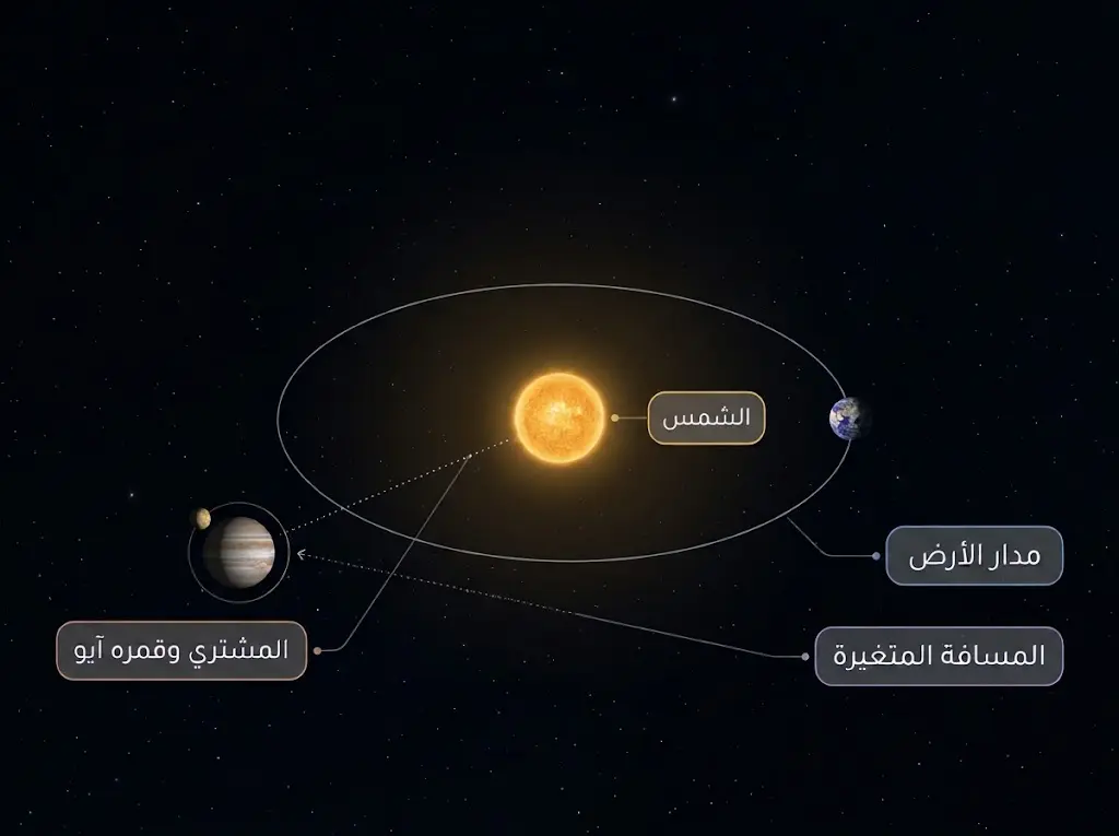 رسم فلكي يوضح مدار الأرض والمشتري وقمره آيو في تجربة رومر لقياس سرعة الضوء عام 1676
