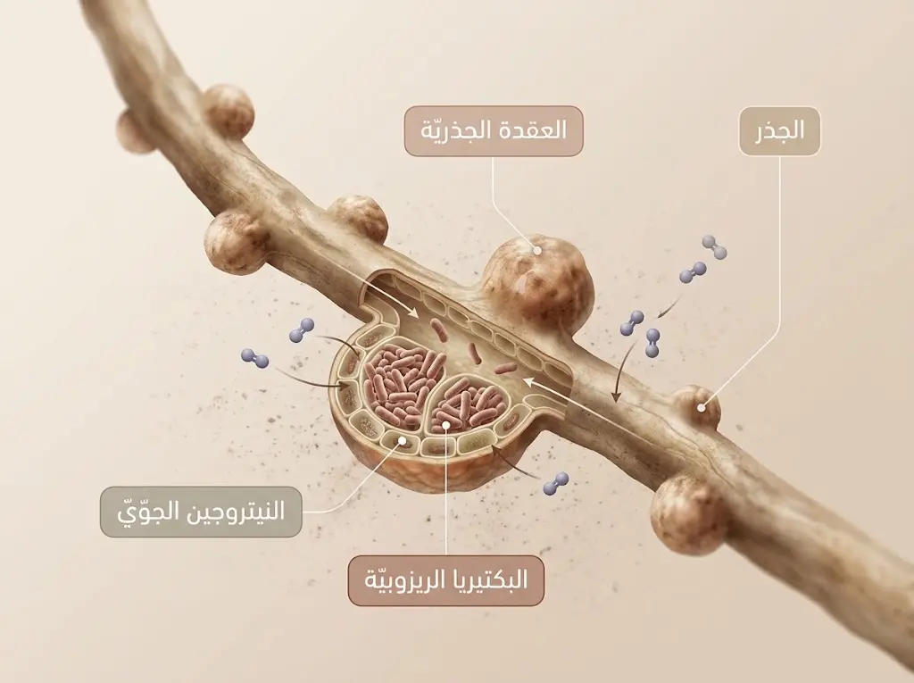 رسم بيولوجي للعقد الجذرية التي تؤوي بكتيريا تثبت النيتروجين الجوي في جذور الفصيلة البقولية