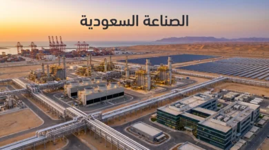 غلاف يوضح مشهداً صناعياً سعودياً يجمع بين البتروكيماويات والموانئ والطاقة والتصنيع الحديث.