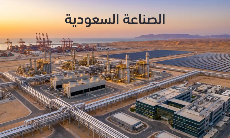 غلاف يوضح مشهداً صناعياً سعودياً يجمع بين البتروكيماويات والموانئ والطاقة والتصنيع الحديث.