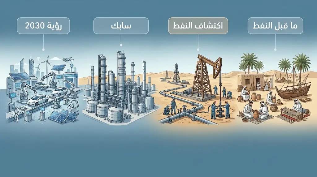 خط زمني بصري يوضح مراحل تطور الصناعة السعودية من الحرف التقليدية إلى رؤية 2030.