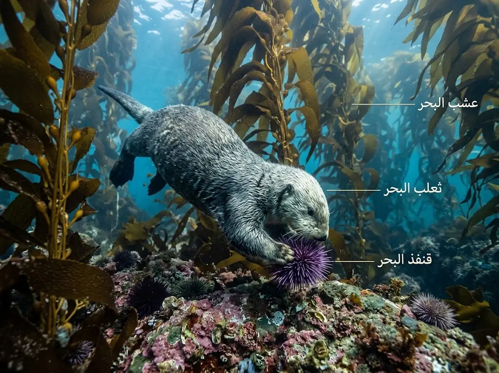 ثعلب البحر يفترس قنفذ البحر داخل غابة عشب البحر الكثيفة