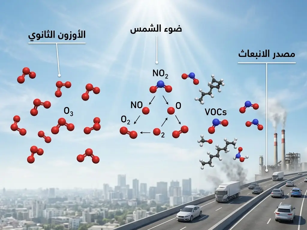  آلية تكوّن الأوزون الأرضي كملوث ثانوي من أكاسيد النيتروجين وضوء الشمس