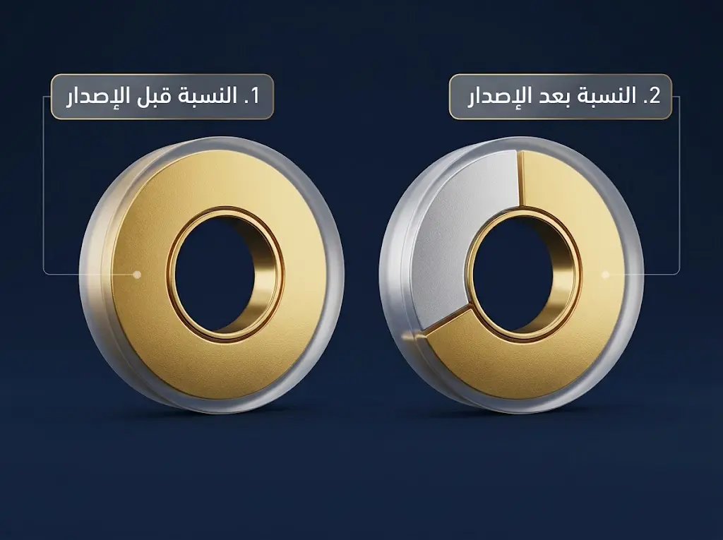 رسم يوضح تأثير إصدار أسهم جديدة في تخفيف نسبة ملكية المساهم القديم