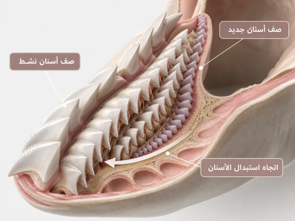 مقطع تشريحي يوضح صفوف الأسنان المتعاقبة داخل فك القرش