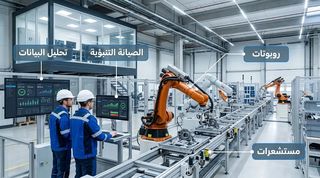 مصنع ذكي يوضح الروبوتات والمستشعرات وتحليل البيانات والصيانة التنبؤية في الصناعة الحديثة.