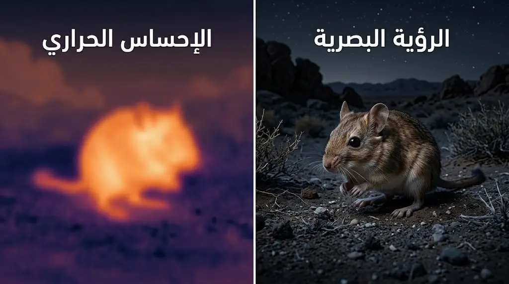 مقارنة بين الرؤية البصرية العادية والإحساس الحراري الضبابي عند الأفاعي الحفرية
