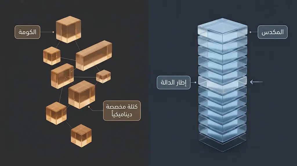 رسم علمي يقارن بين تنظيم المكدس المرتب وتنظيم الكومة الديناميكي في ذاكرة الحاسوب