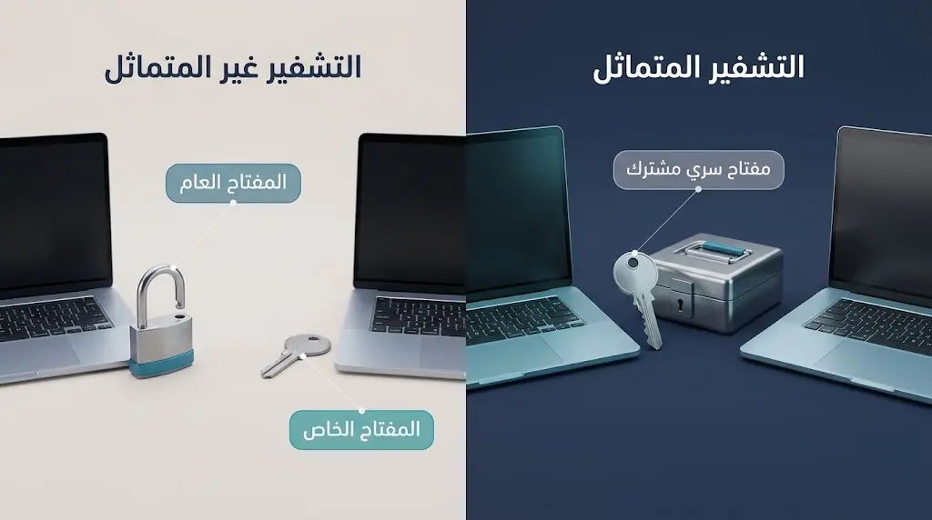 مقارنة ثلاثية الأبعاد بين تشفير متماثل بمفتاح سري مشترك وتشفير غير متماثل بمفتاح عام وآخر خاص