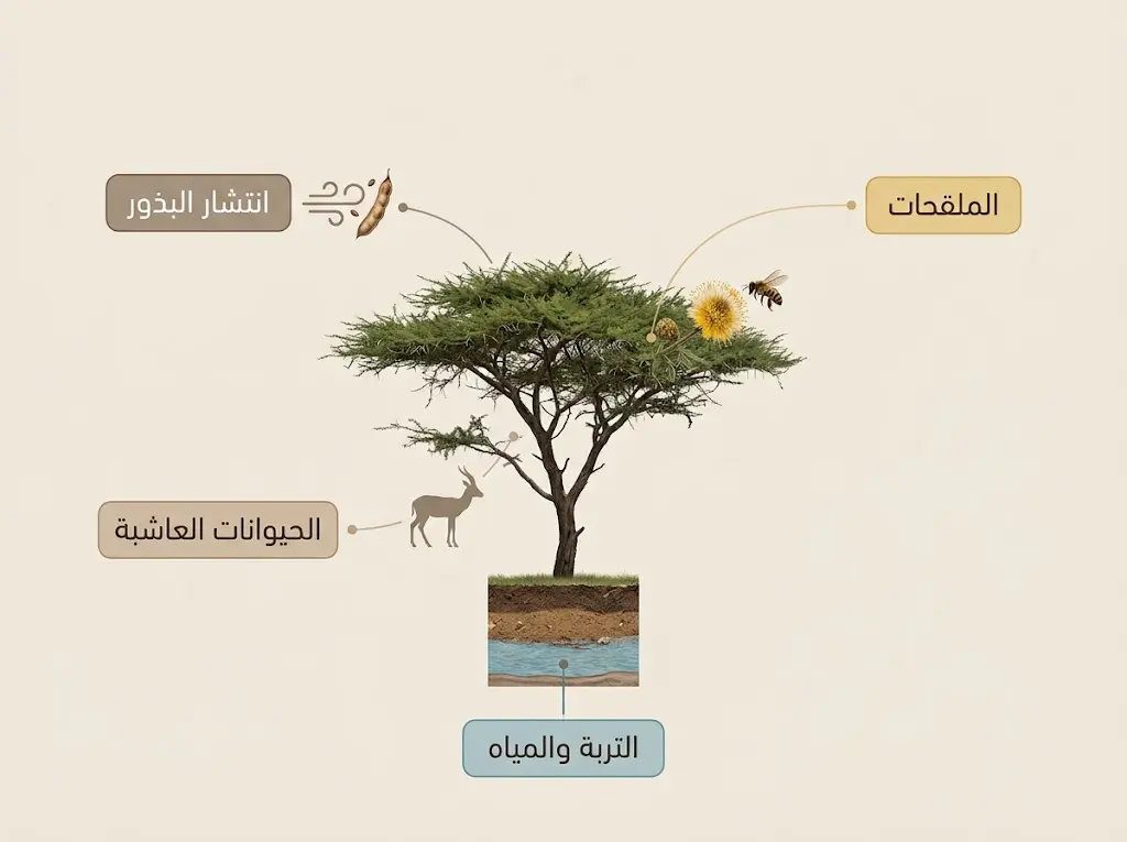 مخطط يوضح العلاقات البيئية المثبتة لشجرة الطلح مع التربة والمياه والحيوانات العاشبة والملقحات وانتشار البذور
