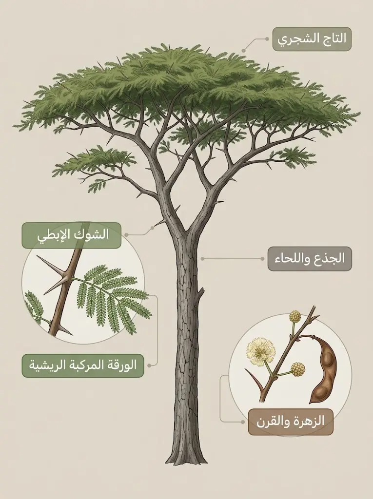 رسم تعريفي يوضح الأجزاء الخارجية لشجرة الطلح من التاج والجذع إلى الشوك والورقة والزهرة والقرن
