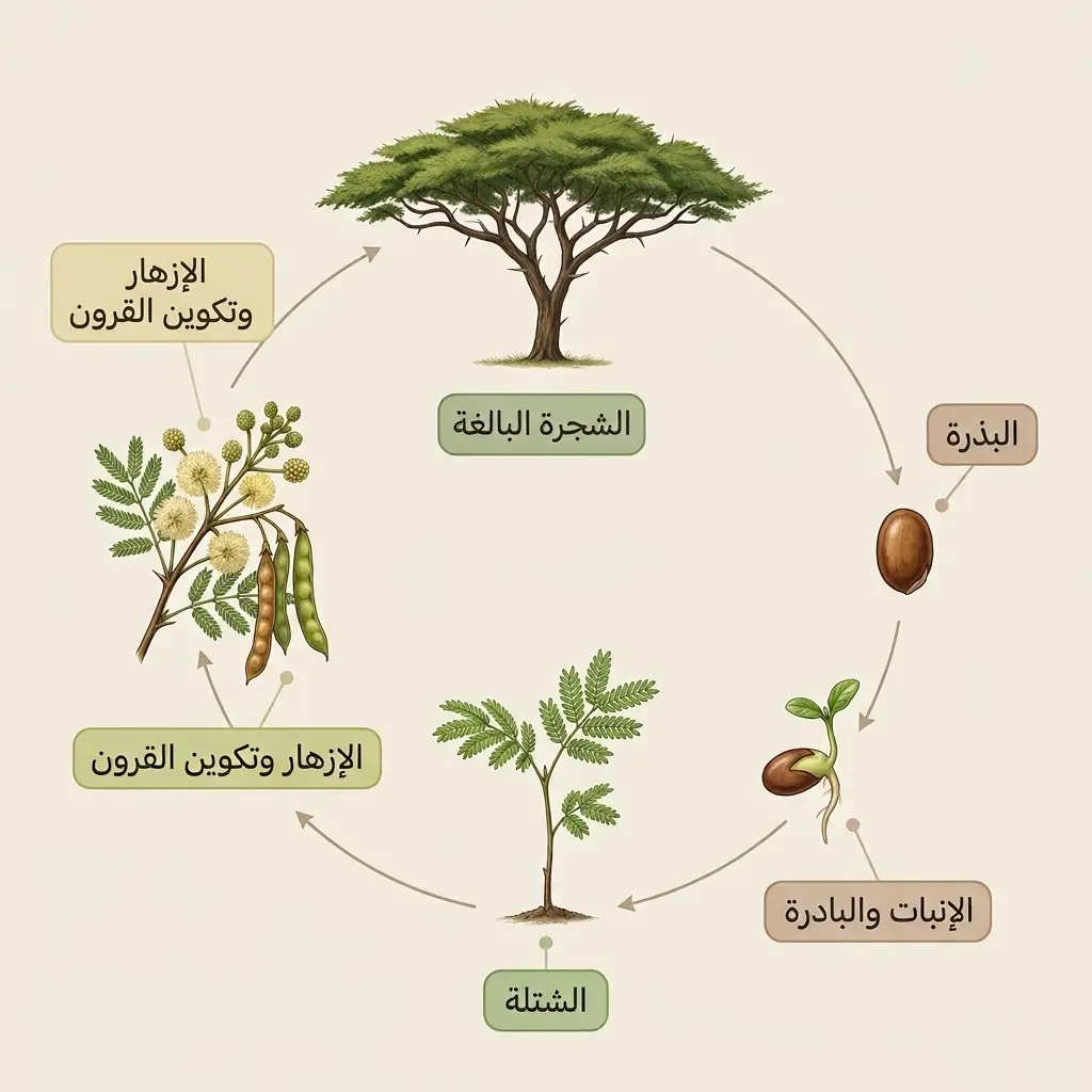 رسم دوري يوضح مراحل دورة حياة شجرة الطلح من البذرة حتى الإزهار وتكوين القرون