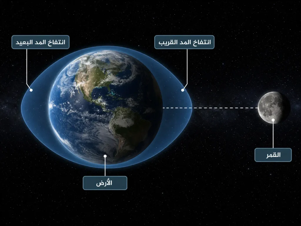 رسم توضيحي يشرح كيف ينشأ المد والجزر من اختلاف شد القمر الجاذبي عبر قطر الأرض