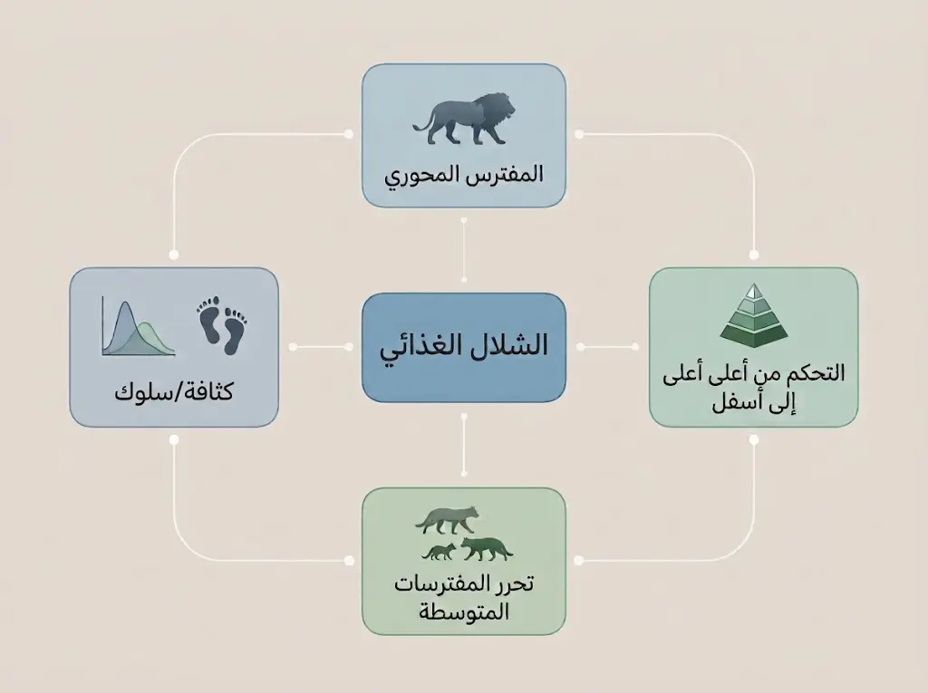 خريطة مفاهيمية تربط الشلال الغذائي بمفاهيم المفترس المحوري وتحرر المفترسات المتوسطة والتحكم من أعلى