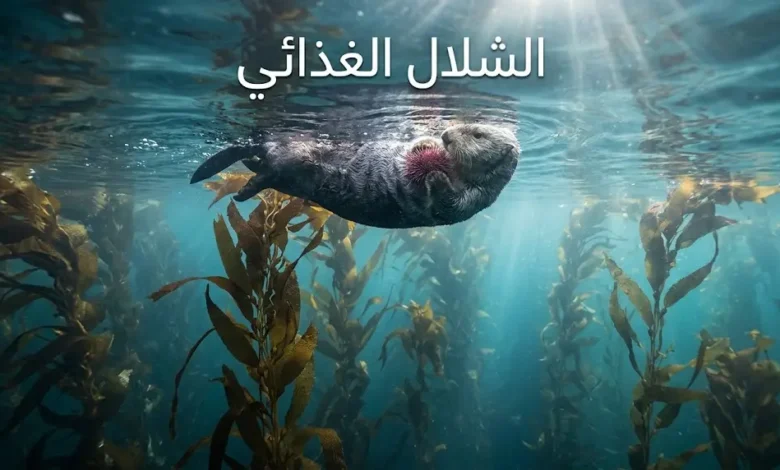 ثعلب بحر يحمل قنفذ بحر فوق غابة عشب بحر كثيفة يوضح مفهوم الشلال الغذائي