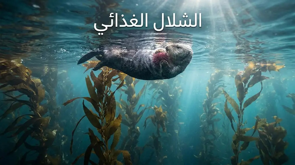 ثعلب بحر يحمل قنفذ بحر فوق غابة عشب بحر كثيفة يوضح مفهوم الشلال الغذائي