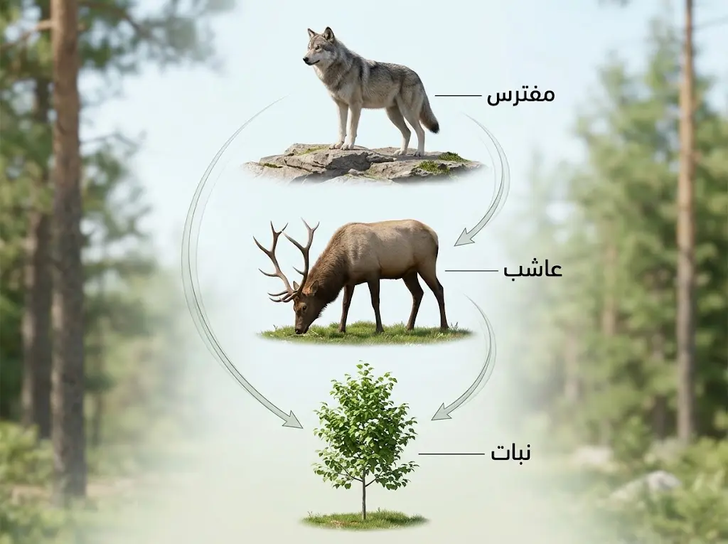 رسم علمي يوضح مسار الشلال الغذائي من الذئب إلى الأيل إلى النبات