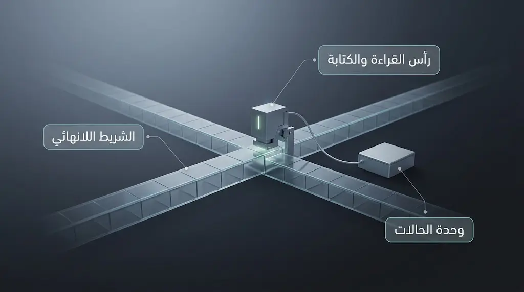 رسم علمي تخطيطي لآلة تورينغ المجردة يوضح الشريط ورأس القراءة والكتابة ووحدة التحكم