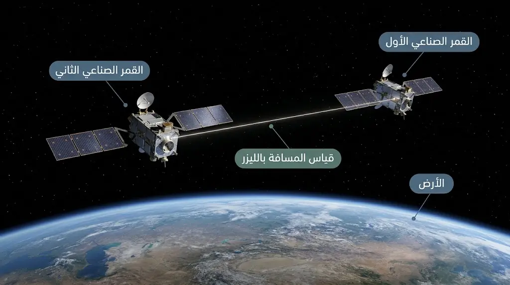 صورة فضائية واقعية لقمرين صناعيين توأمين يقيسان التغير في كتلة الأرض عبر تتبع المسافة بينهما
