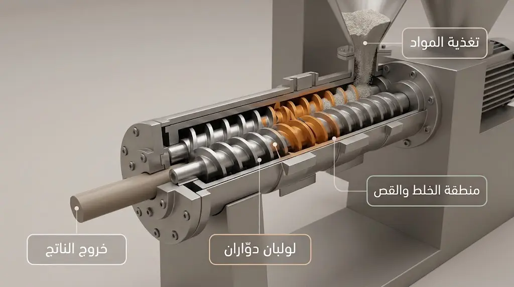 رسم تقني للبثق باللولب المزدوج المستخدم في التخليق الميكانيكي المستمر
