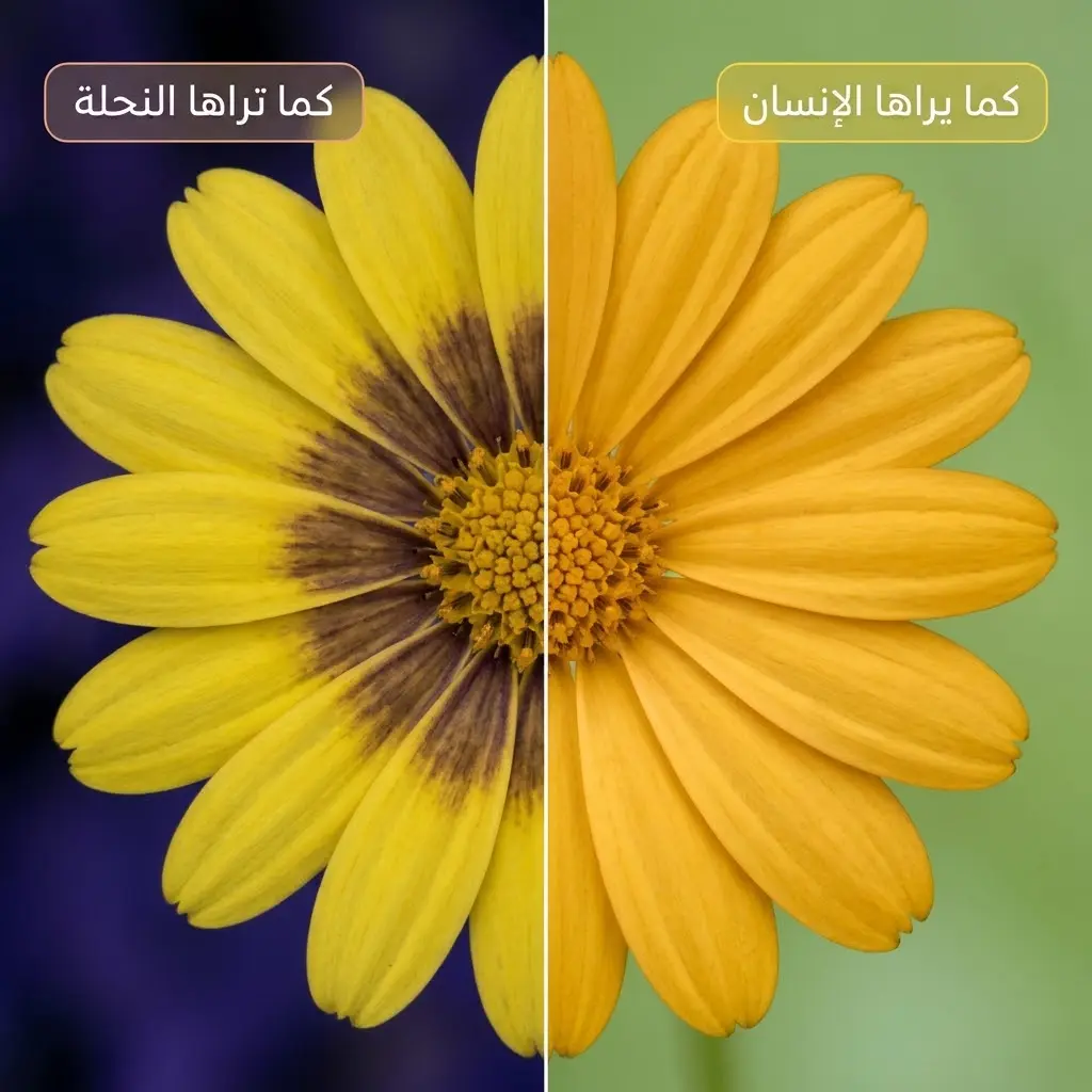 مقارنة بين مظهر الزهرة العادي ونمطها فوق البنفسجي الذي تراه النحلة