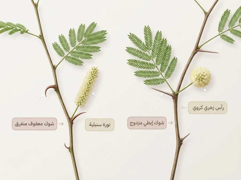 مقارنة توضح الفرق بين شوك جنس الطلح الإبطي المزدوج وشوك جنس السنغاليا المتفرق مع نوعي النورة