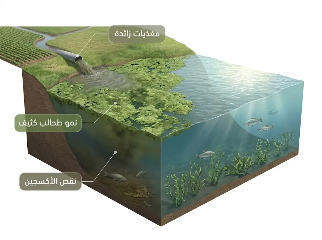 آلية إثراء الماء بالمغذيات ونقص الأكسجين الذائب في البحيرات