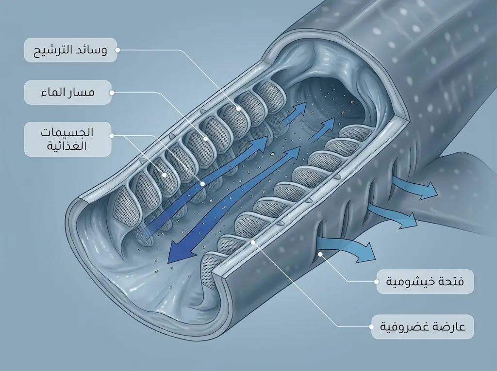 رسم تخطيطي لآلية الترشيح المتقاطع داخل بلعوم قرش الحوت