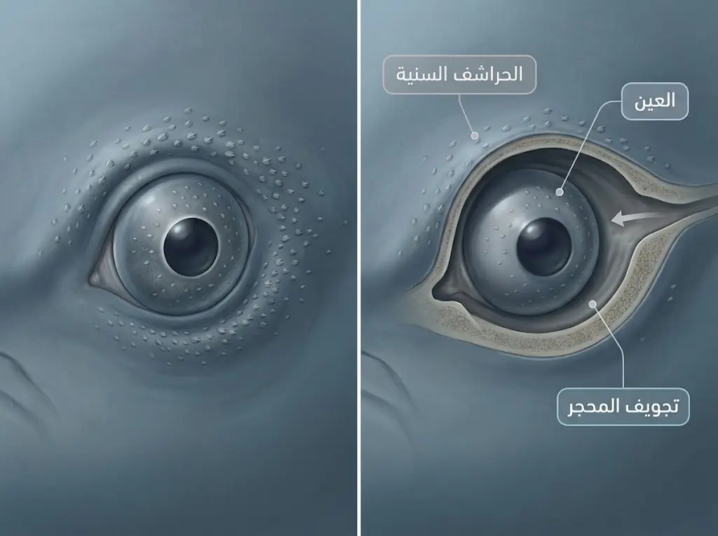 رسم علمي يوضح آلية حماية عين قرش الحوت بالانسحاب داخل المحجر