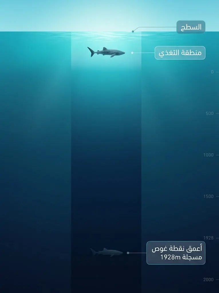 مخطط يوضح الفرق بين عمق تغذي قرش الحوت وأقصى غوص مسجل له