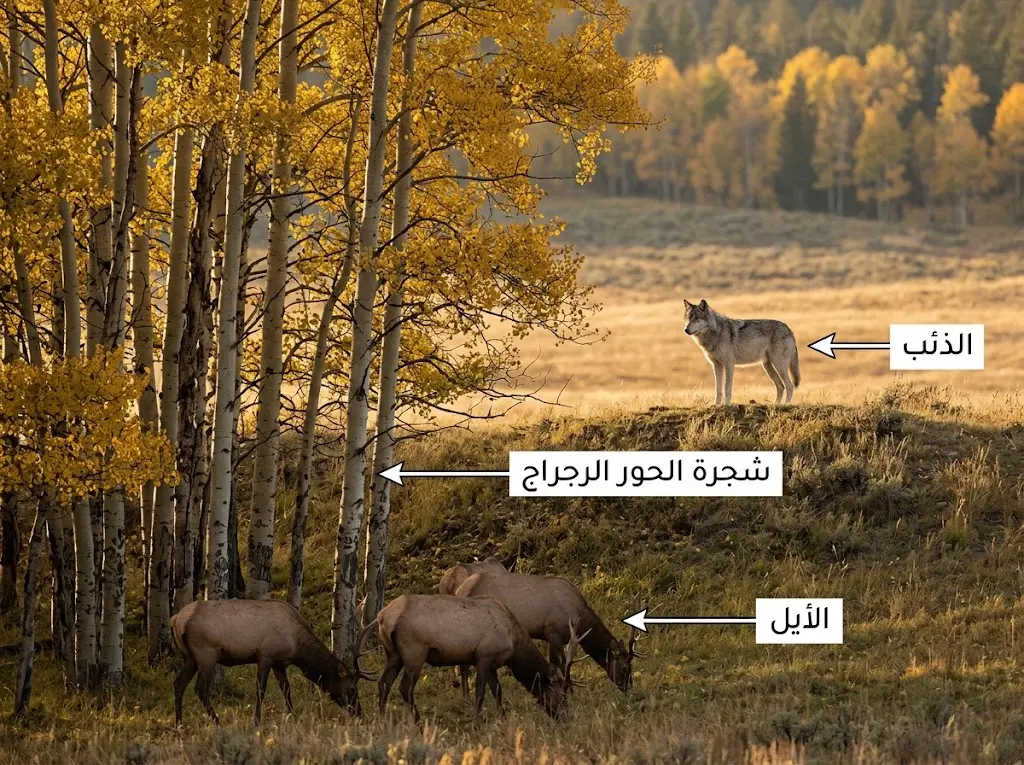 ذئب يراقب قطيع أيائل قرب أشجار الحور الرجراج في يلوستون