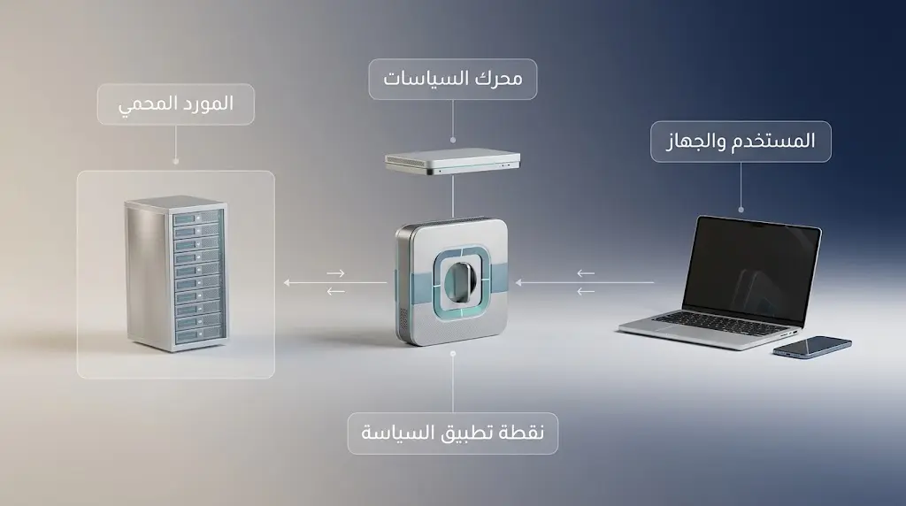 مخطط ثلاثي الأبعاد لمعمارية الثقة الصفرية: مستخدم وجهاز ثم نقطة تطبيق السياسة يغذيها محرك السياسات أمام مورد محمي